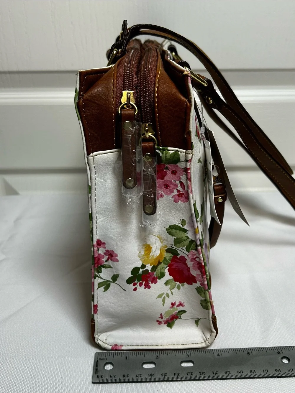 b.o.c. Born Concept Floral Satchel Handbag White Faux Leather Brown Trim 12.5”
